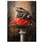 Toad Wall Art Featuring Dramatic Toad on Red Mushroom with Dark Forest Background Rustic and Whimsical Painting for Nature Decor Cottagecore and Fantasy Fans on Ready to Hang 1.5" Thick Canvas Wrap, Floating Framed Canvas, Flat Rolled Canvas